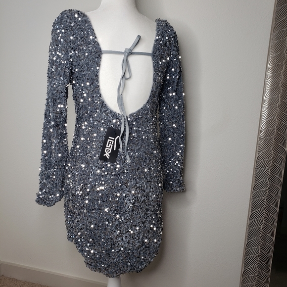 LONG SLEEVE OPEN BACK DRESS SEQUIN GREY/SILVER - Picture 9 of 11